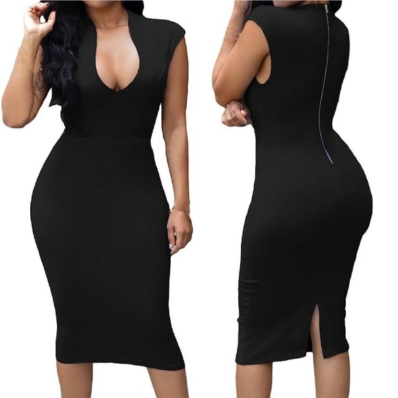 HUUSA Womens Low V Neck Sleeveless Bodycon Cocktail Party Midi Dress M Black - Picture 1 of 3